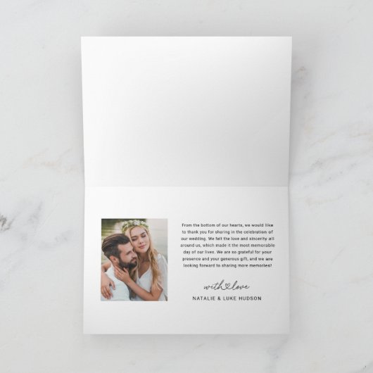 Modern Black Script Persoonlijke bruiloft foto Bedankkaart (Binnen)