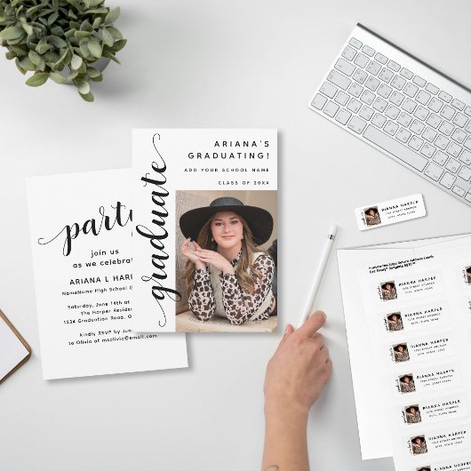 Modern Black Script Photo Graduation Invitation Aankondiging