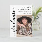 Modern Black Script Photo Graduation Party Aankondiging (Staand voorkant)