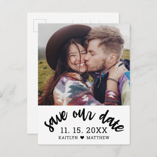 Modern Black Script Photo Wedding Save the Date Aankondigingskaart (Voorkant / Achterkant)