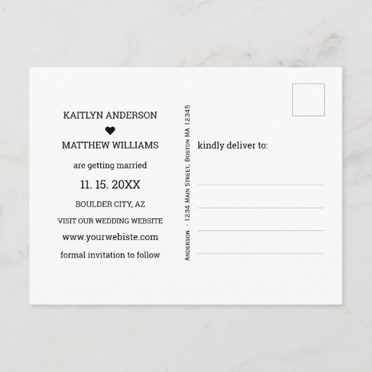 Modern Black Script Photo Wedding Save the Date Aankondigingskaart (Achterkant)