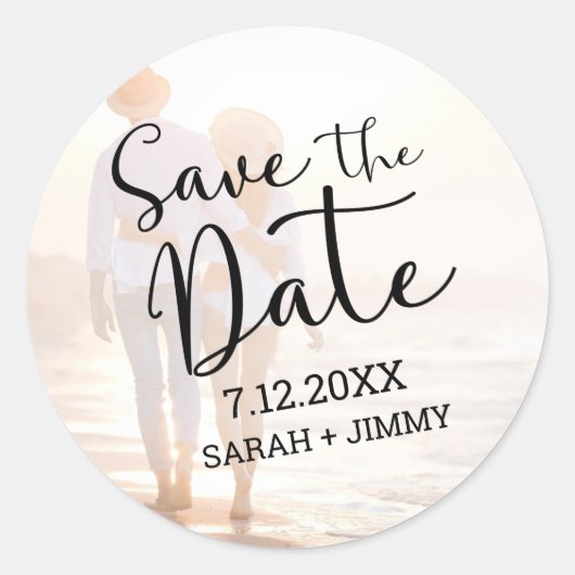 Modern Black Script Photo Wedding Save the Date Ronde Sticker (Voorkant)