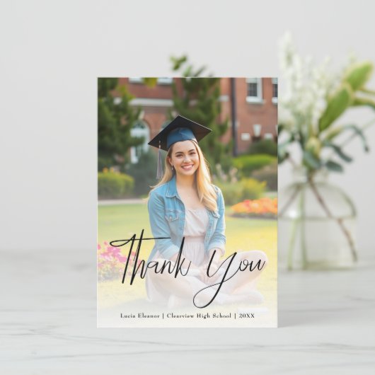Modern Black Script Typografie Foto Afstuderen Bedankkaart (Staand voorkant)