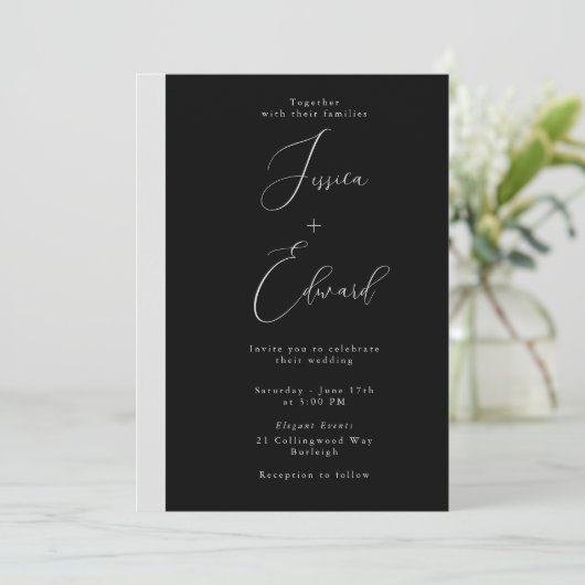 Modern Black Script Uitnodiging voor een bruiloft (Staand voorkant)