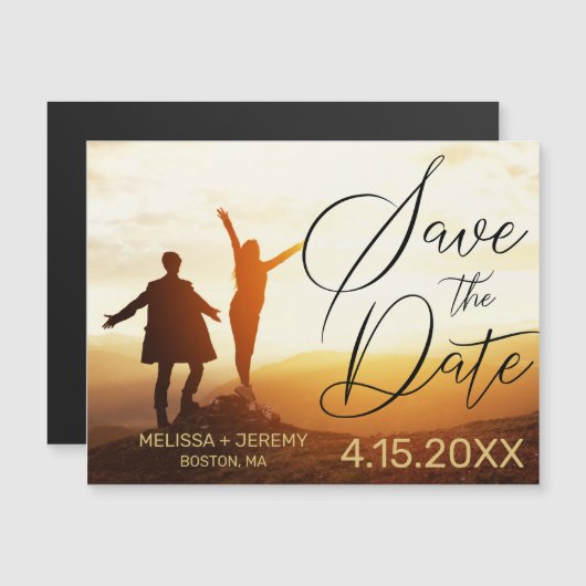Modern Black Script Weddenschap Foto opslaan Datum (Voorkant / Achterkant)