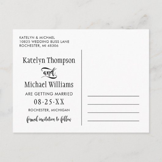 Modern Black Script Weddenschap Foto opslaan Datum Aankondigingskaart (Achterkant)