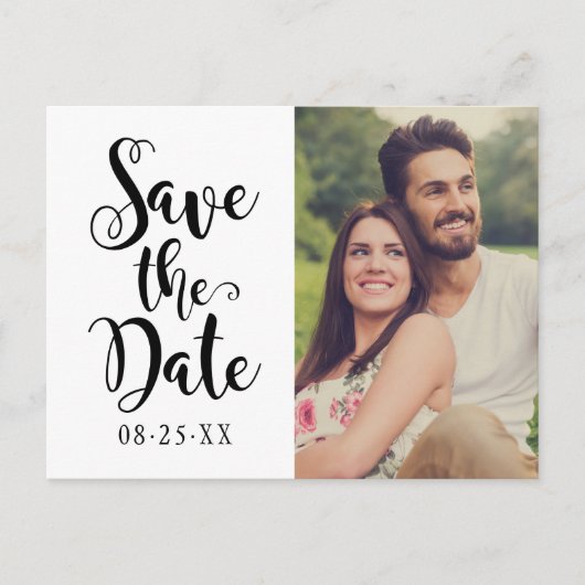Modern Black Script Weddenschap Foto opslaan Datum Aankondigingskaart (Voorkant)