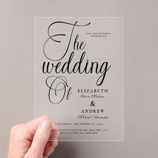 Modern Black Script Wedding Acryl Uitnodigingen (Insitu (Draagbaar))