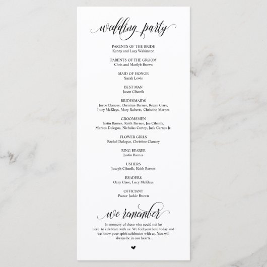 Modern Black Script, Wedding Ceremonie Programmakaart (Achterkant)