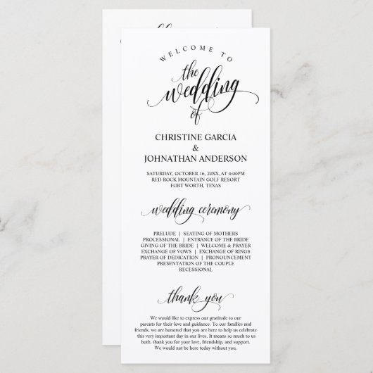 Modern Black Script, Wedding Ceremonie Programmakaart (Voorkant / Achterkant)