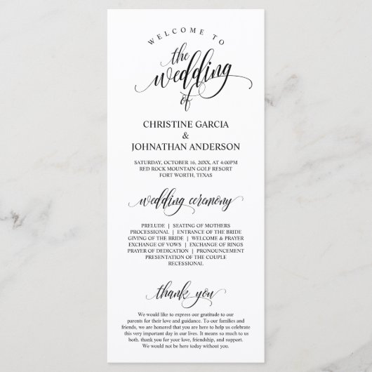 Modern Black Script, Wedding Ceremonie Programmakaart (Voorkant)