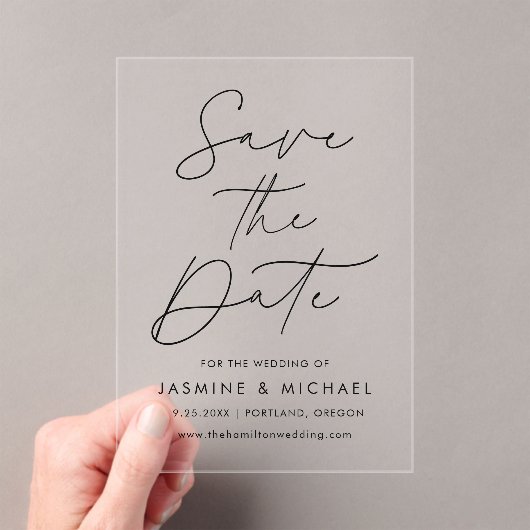 Modern Black Script Wedding Save the Date Acryl Uitnodigingen (Insitu (Draagbaar))