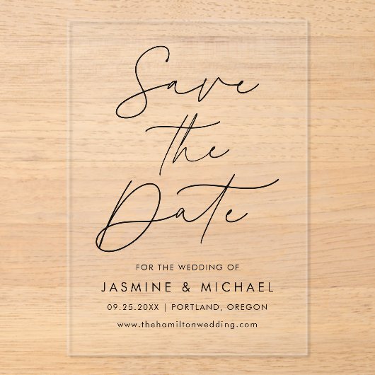 Modern Black Script Wedding Save the Date Acryl Uitnodigingen (Voorkant)