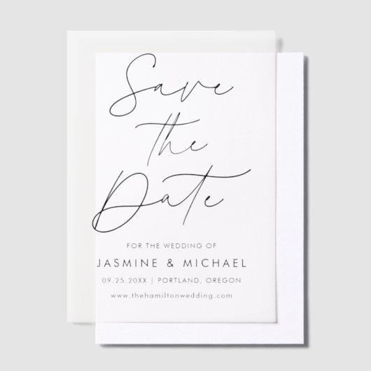 Modern Black Script Wedding Save the Date Vellum Uitnodigingen (Offset)