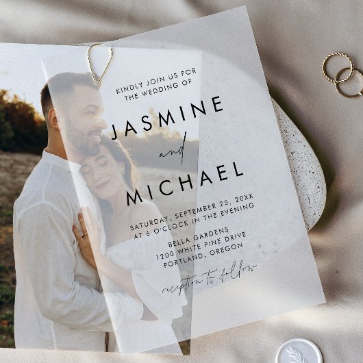 Modern Black Script Wedding Vellum Uitnodigingen