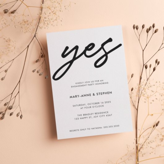 Modern Black Script Yes Wedding Engagement Party Kaart