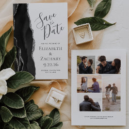Modern Black Silver Agate 5-Foto Save the Date