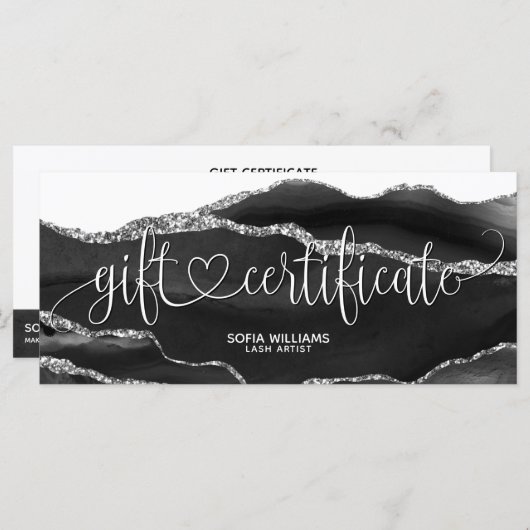 Modern Black Silver Agate Certificate Cadeaubon Ka (Voorkant / Achterkant)
