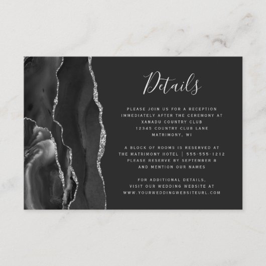 Modern Black Silver Agate Dark Wedding Details Informatiekaartje (Voorkant)