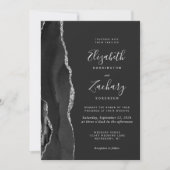 Modern Black Silver Agate Dark Wedding Invitation Kaart (Voorkant)