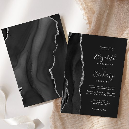 Modern Black Silver Agate Dark Wedding Invitation Kaart