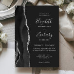 Modern Black Silver Agate Dark Wedding Invitation Kaart<br><div class="desc">De linkerrand van deze elegante moderne huwelijksuitnodiging is voorzien van een zwarte waterverf agate grens die is bedekt met faux zilveren glitter. De aanpasbare tekst combineert handschrift,  copperplate en cursieve doopvonten in lichtzilver grijs op een van-zwarte achtergrond. De achterzijde is voorzien van een bijpassend zwart en zilveragatontwerp.</div>