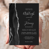 Modern Black Silver Agate Dark Wedding Invitation Kaart