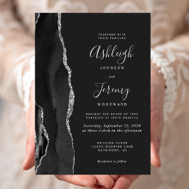 Modern Black Silver Agate Dark Wedding Invitation Kaart