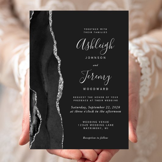 Modern Black Silver Agate Dark Wedding Invitation Kaart