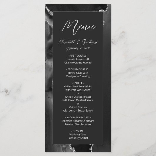 Modern Black Silver Agate Dark Wedding Menu (Voorkant)