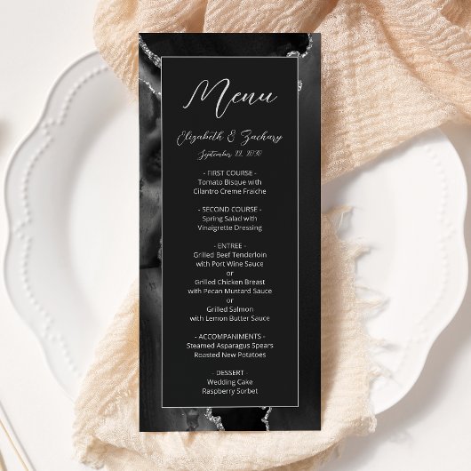 Modern Black Silver Agate Dark Wedding Menu