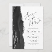 Modern Black Silver Agate Photo Save the Date (Voorkant)