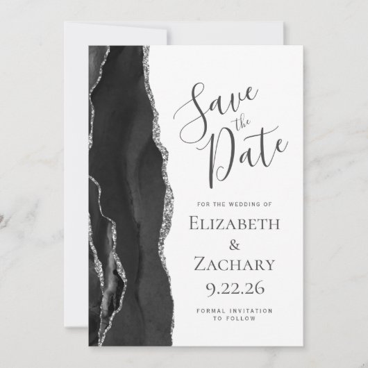 Modern Black Silver Agate Photo Save the Date (Voorkant)