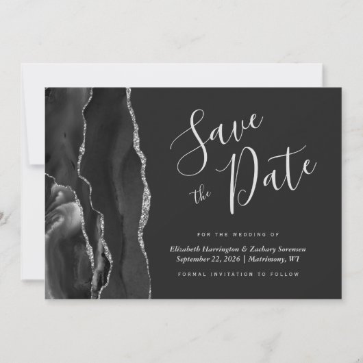 Modern Black Silver Agate Save the Date Kaart (Voorkant)