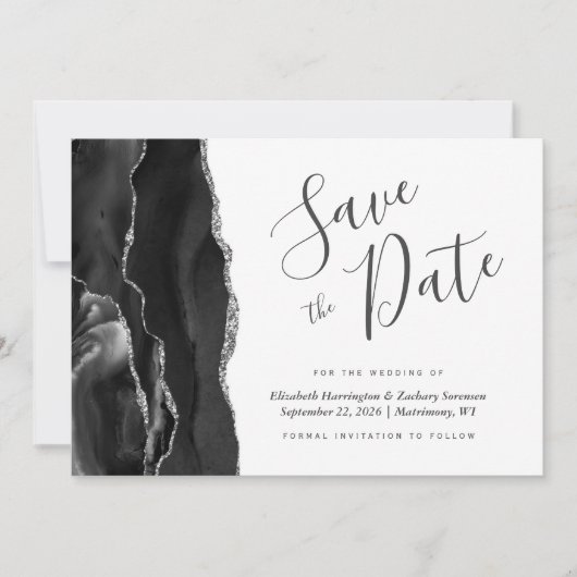 Modern Black Silver Agate Save the Date Kaart (Voorkant)