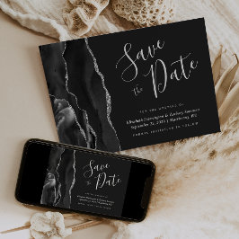 Modern Black Silver Agate Save the Date Kaart
