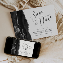 Modern Black Silver Agate Save the Date Kaart