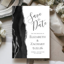 Modern Black Silver Agate Save the Date Kaart