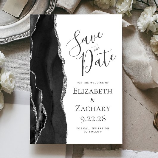 Modern Black Silver Agate Save the Date Kaart