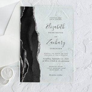Modern Black Silver Agate Wedding Acryl Uitnodigingen
