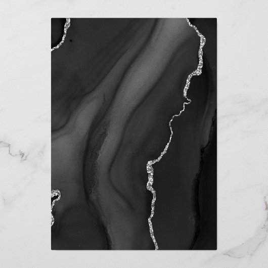 Modern Black Silver Agate Wedding Folie Uitnodiging (Achterkant)