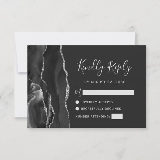 Modern Black Silver Agate Wedding RSVP (Voorkant)