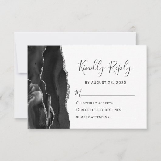 Modern Black Silver Agate Wedding RSVP Kaartje (Voorkant)