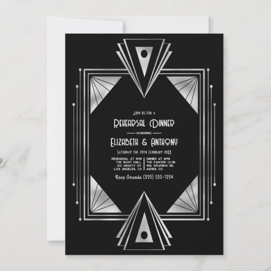 Modern Black & Silver Art Deco Rehearsal Dinner Kaart (Voorkant)