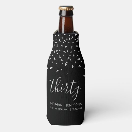 Modern Black Silver Confetti 30th Birthday Flesjeskoeler (Fles Voorkant)
