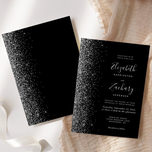 Modern Black Silver Faux Glitter Edge Wedding Kaart