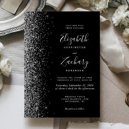 Modern Black Silver Faux Glitter Edge Wedding Kaart
