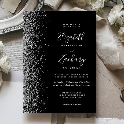 Modern Black Silver Faux Glitter Edge Wedding Kaart