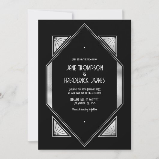 Modern Black & Silver Gatsby Art Deco Wedding Kaart (Voorkant)