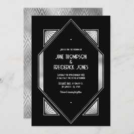 Modern Black & Silver Gatsby Art Deco Wedding Kaart